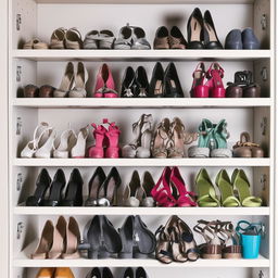 A neat and organized shoe rack filled with a variety of shoes in different styles and colors.