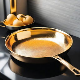 A luxurious frying pan made of sparkling diamonds and pure gold, gleaming in a polished, high-end kitchen setting.