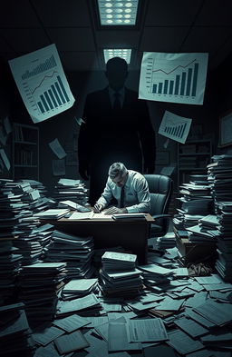 A scene depicting a somber office filled with files and documents scattered across the floor, representing the chaos of financial fraud investigations in Sri Lanka