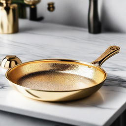 A luxurious frying pan made of sparkling diamonds and pure gold, gleaming in a polished, high-end kitchen setting.