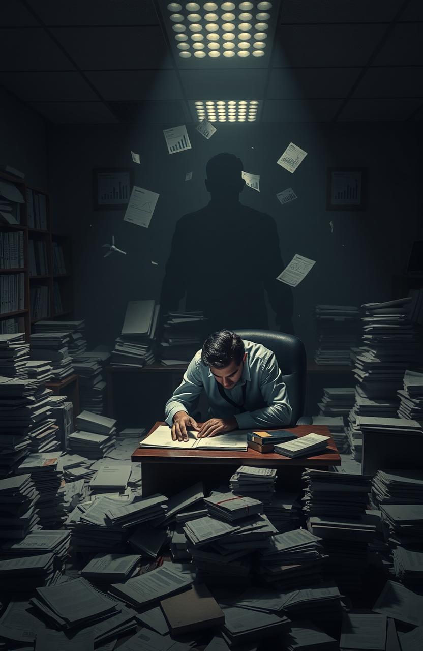 A scene depicting a somber office filled with files and documents scattered across the floor, representing the chaos of financial fraud investigations in Sri Lanka