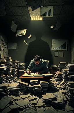 A scene depicting a somber office filled with files and documents scattered across the floor, representing the chaos of financial fraud investigations in Sri Lanka
