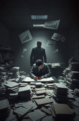 A scene depicting a somber office filled with files and documents scattered across the floor, representing the chaos of financial fraud investigations in Sri Lanka