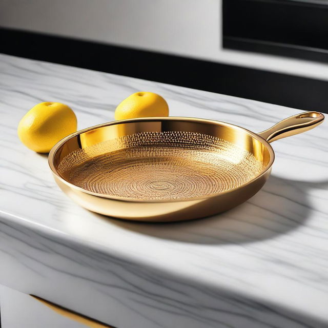 A luxurious frying pan made of sparkling diamonds and pure gold, gleaming in a polished, high-end kitchen setting.