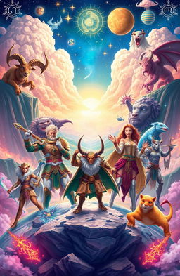 A vibrant and enchanting zodiac fantasy adventure scene, showcasing twelve majestic zodiac signs personified as fierce and heroic characters in a magical realm