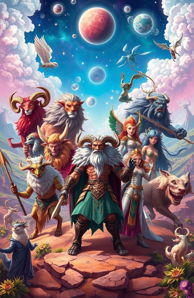 A vibrant and enchanting zodiac fantasy adventure scene, showcasing twelve majestic zodiac signs personified as fierce and heroic characters in a magical realm