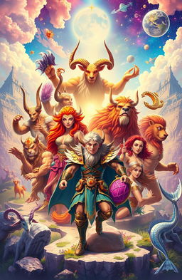 A vibrant and enchanting zodiac fantasy adventure scene, showcasing twelve majestic zodiac signs personified as fierce and heroic characters in a magical realm