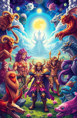 A vibrant and enchanting zodiac fantasy adventure scene, showcasing twelve majestic zodiac signs personified as fierce and heroic characters in a magical realm