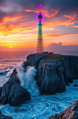 A stunning neon radio tower radiating vibrant colors sits majestically on a rugged rocky cliff, overlooking a panoramic view of a glowing sunset