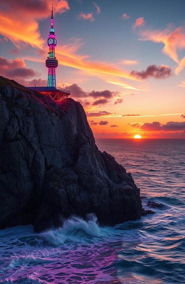 A stunning neon radio tower radiating vibrant colors sits majestically on a rugged rocky cliff, overlooking a panoramic view of a glowing sunset