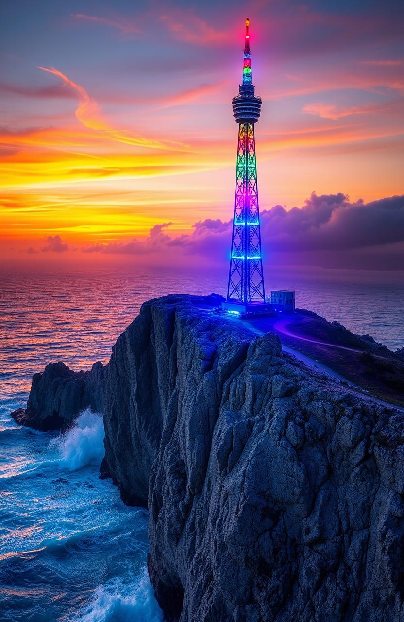 A stunning neon radio tower radiating vibrant colors sits majestically on a rugged rocky cliff, overlooking a panoramic view of a glowing sunset