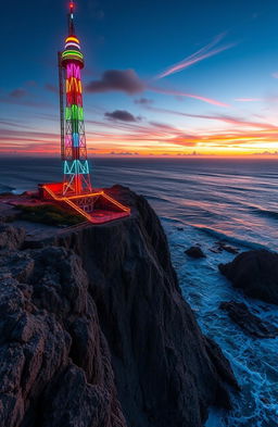 A stunning neon radio tower radiating vibrant colors sits majestically on a rugged rocky cliff, overlooking a panoramic view of a glowing sunset