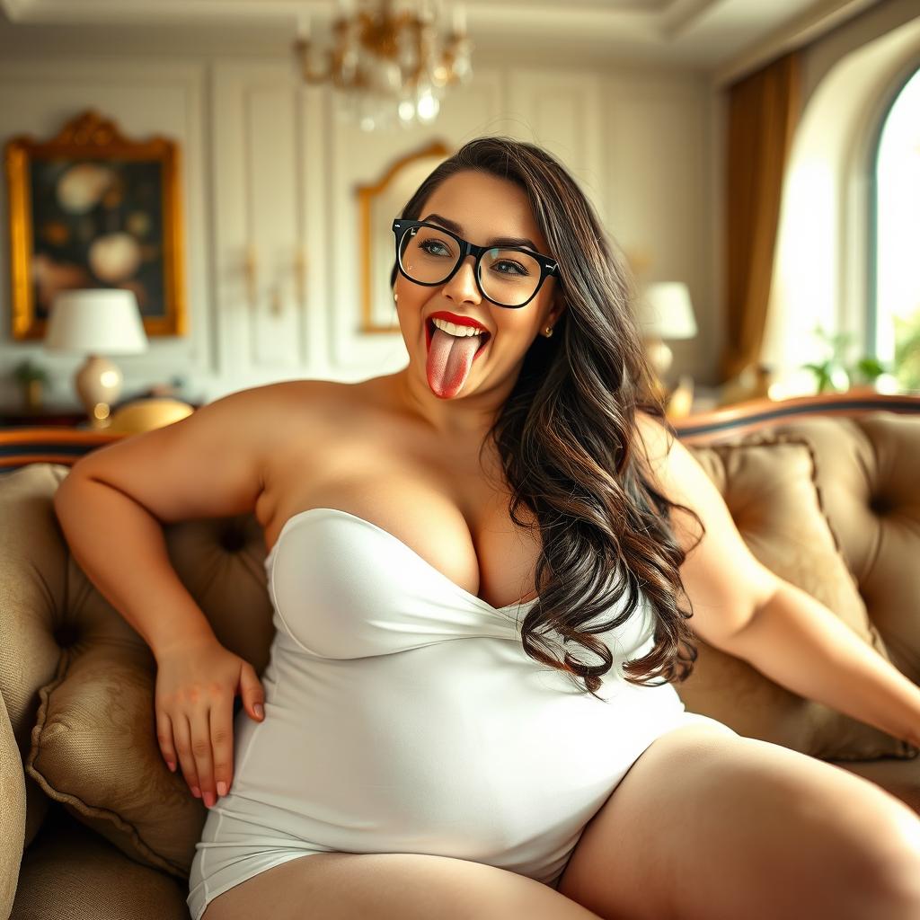 A beautiful, curvy woman with smooth white skin, wearing glasses, playfully sticking out her tongue with drool, lounging on a luxurious sofa in an elegantly decorated room