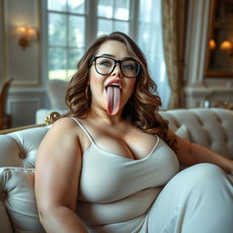 A beautiful, curvy woman with smooth white skin, wearing glasses, playfully sticking out her tongue with drool, lounging on a luxurious sofa in an elegantly decorated room