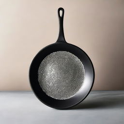 A dazzling frying pan entirely made from sparkling diamonds, starkly contrasted against a simple kitchen backdrop.