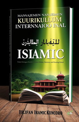 A visually striking book cover design for the title 'Manajemen Kurikulum International Islamic Dalam Membangun Pendidikan Holistic, Harmony And Exemplary Di Al Wafi Islamic Boarding School' by Irfan Kuncoro