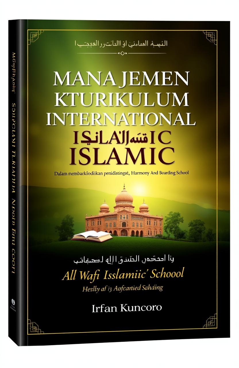 A visually striking book cover design for the title 'Manajemen Kurikulum International Islamic Dalam Membangun Pendidikan Holistic, Harmony And Exemplary Di Al Wafi Islamic Boarding School' by Irfan Kuncoro