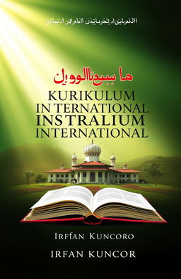 A visually striking book cover design for the title 'Manajemen Kurikulum International Islamic Dalam Membangun Pendidikan Holistic, Harmony And Exemplary Di Al Wafi Islamic Boarding School' by Irfan Kuncoro