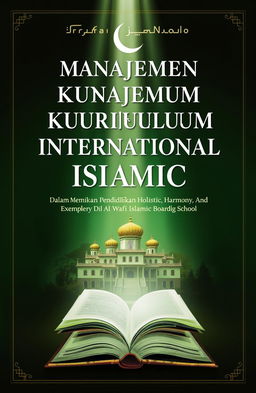 A visually striking book cover design for the title 'Manajemen Kurikulum International Islamic Dalam Membangun Pendidikan Holistic, Harmony And Exemplary Di Al Wafi Islamic Boarding School' by Irfan Kuncoro