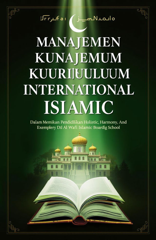 A visually striking book cover design for the title 'Manajemen Kurikulum International Islamic Dalam Membangun Pendidikan Holistic, Harmony And Exemplary Di Al Wafi Islamic Boarding School' by Irfan Kuncoro