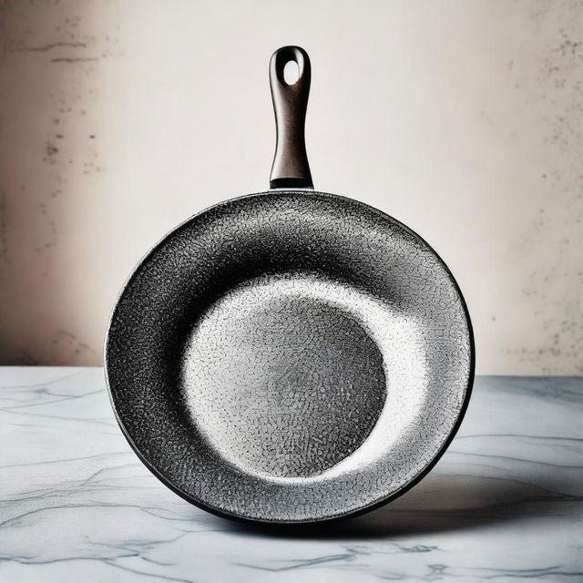 A dazzling frying pan entirely made from sparkling diamonds, starkly contrasted against a simple kitchen backdrop.