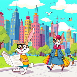 A whimsical cartoon scene depicting a vibrant, bustling city filled with anthropomorphic animals dressed in colorful clothing