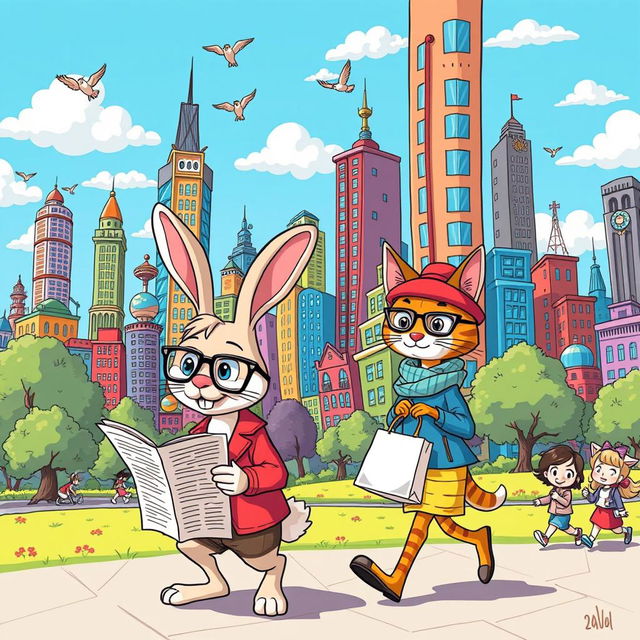 A whimsical cartoon scene depicting a vibrant, bustling city filled with anthropomorphic animals dressed in colorful clothing