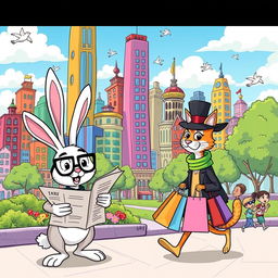A whimsical cartoon scene depicting a vibrant, bustling city filled with anthropomorphic animals dressed in colorful clothing