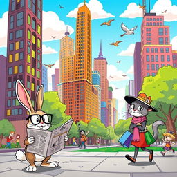A whimsical cartoon scene depicting a vibrant, bustling city filled with anthropomorphic animals dressed in colorful clothing