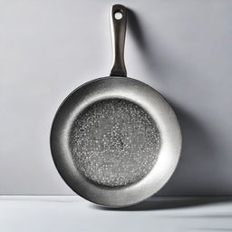 A dazzling frying pan entirely made from sparkling diamonds, starkly contrasted against a simple kitchen backdrop.