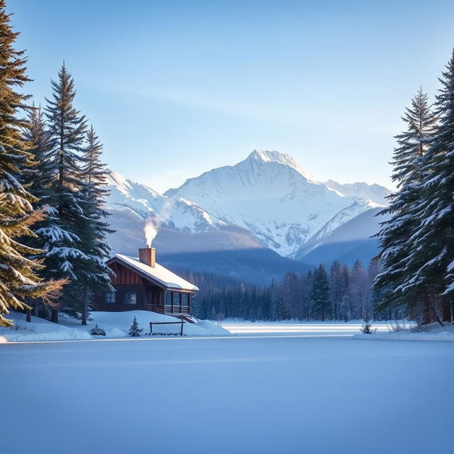 A serene winter landscape featuring a picturesque mountain range, covered in fresh white snow, under a clear blue sky