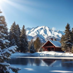 A serene winter landscape featuring a picturesque mountain range, covered in fresh white snow, under a clear blue sky