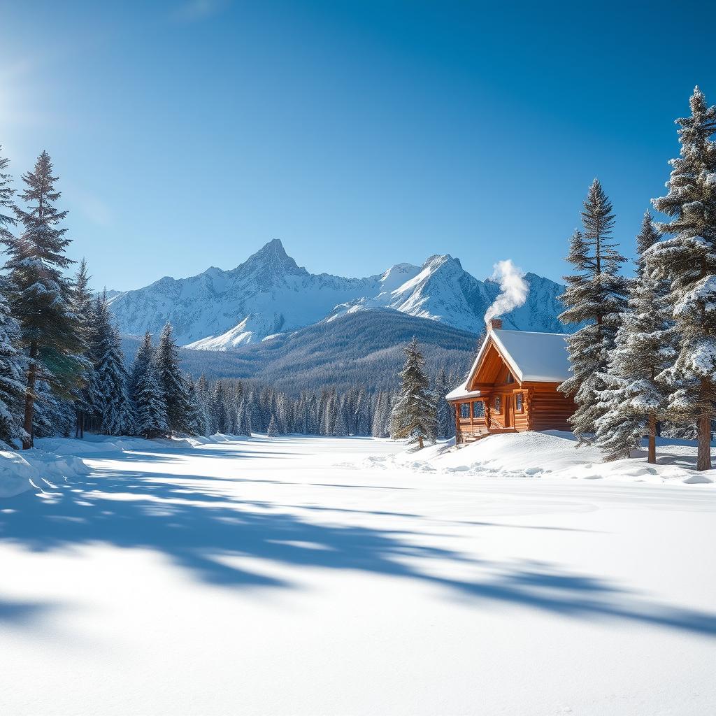 A serene winter landscape featuring a picturesque mountain range, covered in fresh white snow, under a clear blue sky