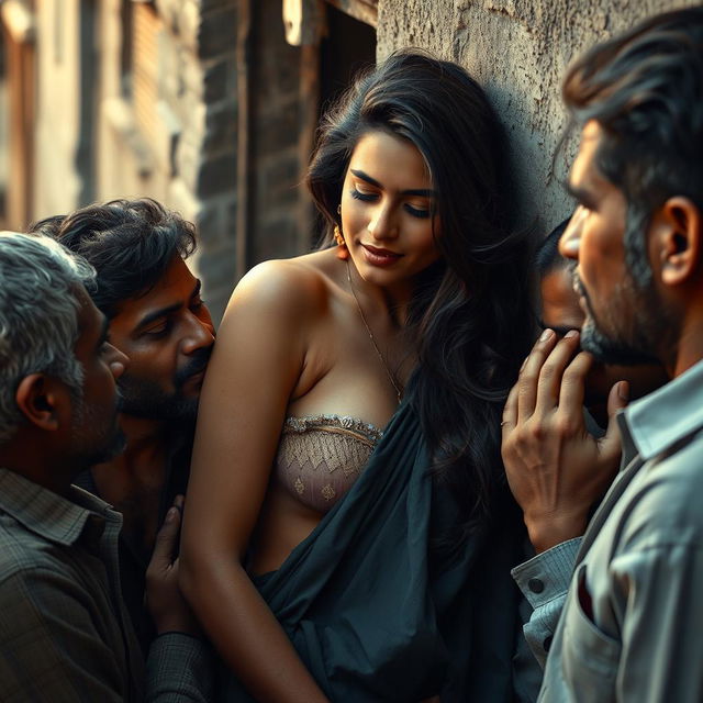 A sensual Pakistani woman in a slum environment, leaning against a wall and exuding charm and allure