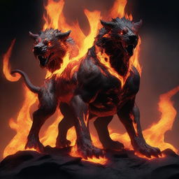 A fearsome Cerberus, formed from flowing lava, standing defiantly at the entrance of a flaming underworld.