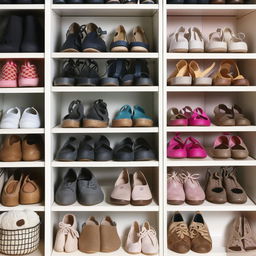 A neat and organized shoe rack filled with a variety of shoes in different styles and colors.