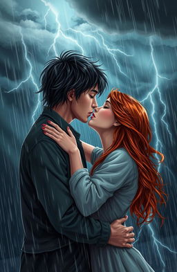 A romantic scene depicting a couple embracing amidst a powerful storm, with torrential rain pouring down and flashes of lightning illuminating their faces