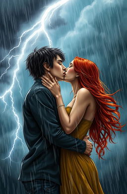 A romantic scene depicting a couple embracing amidst a powerful storm, with torrential rain pouring down and flashes of lightning illuminating their faces