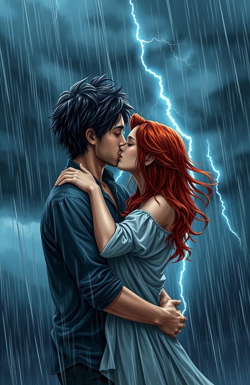 A romantic scene depicting a couple embracing amidst a powerful storm, with torrential rain pouring down and flashes of lightning illuminating their faces