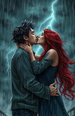 A romantic scene depicting a couple embracing amidst a powerful storm, with torrential rain pouring down and flashes of lightning illuminating their faces
