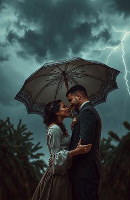 A romantic scene captured amidst a fierce storm, where a couple embraces passionately under a large, beautifully ornate umbrella, their faces illuminated by faint flickers of lightning