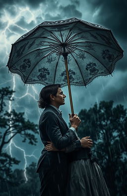 A romantic scene captured amidst a fierce storm, where a couple embraces passionately under a large, beautifully ornate umbrella, their faces illuminated by faint flickers of lightning