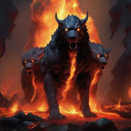 A fearsome Cerberus, formed from flowing lava, standing defiantly at the entrance of a flaming underworld.