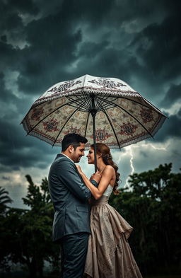 A romantic scene captured amidst a fierce storm, where a couple embraces passionately under a large, beautifully ornate umbrella, their faces illuminated by faint flickers of lightning
