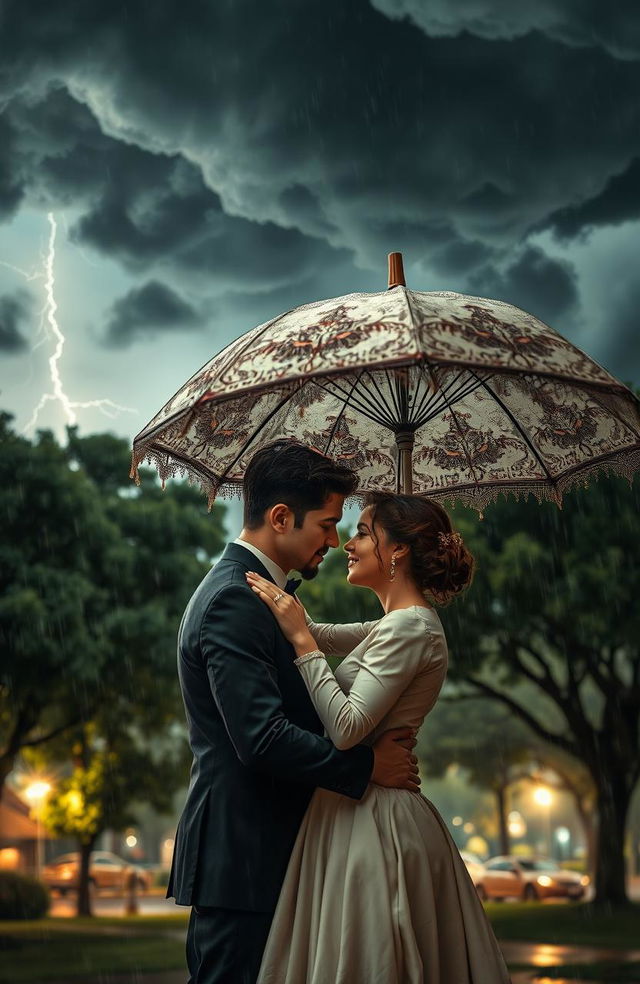 A romantic scene captured amidst a fierce storm, where a couple embraces passionately under a large, beautifully ornate umbrella, their faces illuminated by faint flickers of lightning