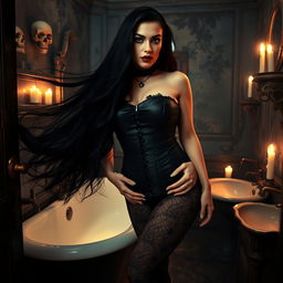 A gothic scene featuring a voluptuous woman with long flowing black hair, dressed in a dark, form-fitting corset and lace stockings