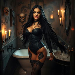 A gothic scene featuring a voluptuous woman with long flowing black hair, dressed in a dark, form-fitting corset and lace stockings