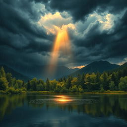 A serene landscape depicting a peaceful scene set amidst a raging storm