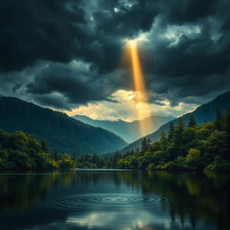 A serene landscape depicting a peaceful scene set amidst a raging storm