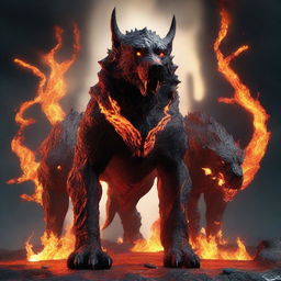 A fearsome Cerberus, formed from flowing lava, standing defiantly at the entrance of a flaming underworld.